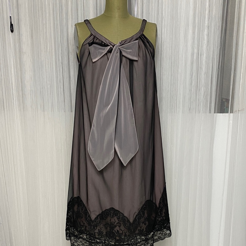 Gray Chiffon Tie-Front Chemise with Lace Trim